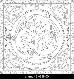 Disegno della pagina da colorare in formato quadrato per gli adulti, Trsikelion Celtic Knot Mandala Design Illustrazione Vettoriale