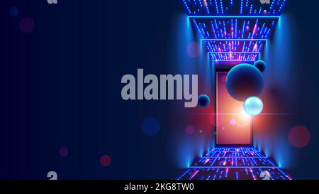 Porta futuristica nel cyber-spazio. Il data center digitale è un portale in metaverse virtuale. Percorso astratto verso la realtà virtuale. Fantasy cyber door in digitale Illustrazione Vettoriale