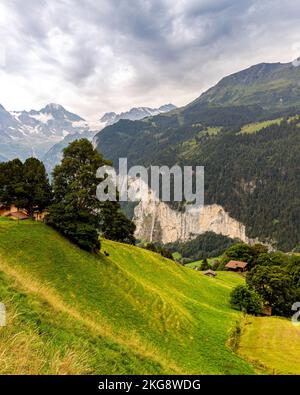 Uno scatto verticale della bellezza delle Alpi Svizzere attraverso le case collinari su prati verdi Foto Stock