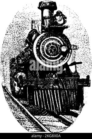 Vista frontale di un'illustrazione del trasporto di una locomotiva a vapore 1800s. Disegno immaginario fantasy. Illustrazione Vettoriale