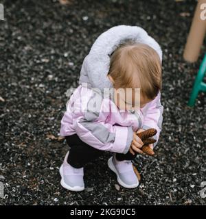 Un primo piano verticale di una ragazza carina di 1 anni che raccoglie pineconi. Morris Plains, NJ. Foto Stock