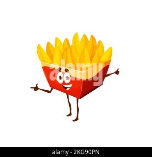 Personaggio dei cunei di patate fritte. Costolette di patate Vector fast food in scatola di cartone rossa. Kawaii fastfood personale, divertente take eaway caffè menu bambini junk pasto. Spuntino di verdure fritte con volto sorridente Illustrazione Vettoriale