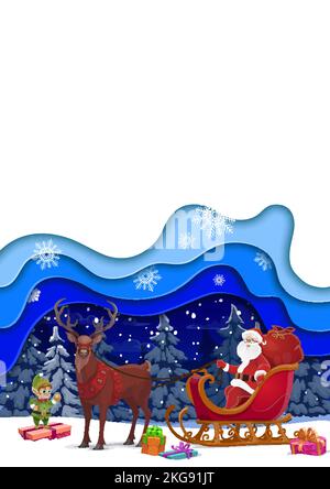 Natale carta taglio banner, cartone animato Babbo Natale su slitta. Modello vettoriale con 3D effetto a strati papercut, carta bianca verticale con slitta da corsa Noel nella foresta notturna con regali, neve e divertente elfo aiutante Illustrazione Vettoriale