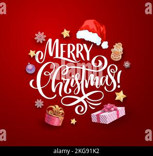 Banner natalizio con scritte, regali invernali e decorazioni vettoriali. Allegro biglietto di auguri natalizio scritta con cappello di Santa, biscotto di pan di zenzero, stelle dorate di Natale e fiocchi di neve Illustrazione Vettoriale