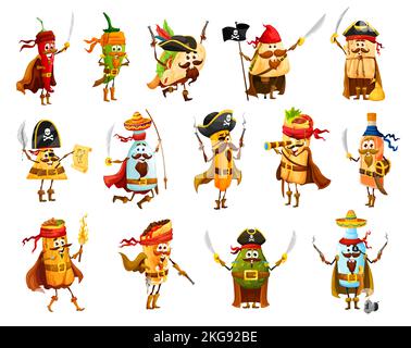 Tex mex cibo messicano pirati e corsair personaggi divertenti. Vector jalapeno, tacos, nachos e burrito, tamale, pulque, tequila, avocado e churro con personaggi di chimichanga o mezcal filibuster Illustrazione Vettoriale