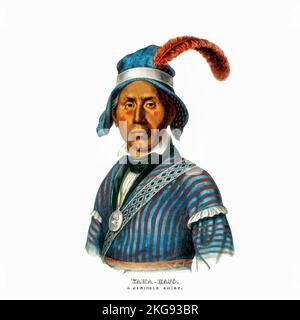 Yaha Hajo, Un capo della guerra di Seminole litografia colorata a mano di un ritratto del libro 'Storia delle tribù indiane del Nord America con schizzi biografici e aneddoti dei principali capi. ' Volume 2 di 3 di Thomas Loraine, McKenney, e James Hall Esq. Pubblicato nel 1842 dipinto da Charles Bird King Foto Stock