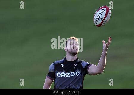 Cardiff, Regno Unito. 22nd Nov 2022. Tomos Williams of Wales durante la sessione di rugby del Galles, vale of Glamorgan martedì 22nd novembre 2022. pic di Andrew Orchard/Andrew Orchard SPORTS photography/Alamy Live News Credit: Andrew Orchard SPORTS photography/Alamy Live News Foto Stock