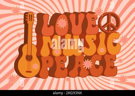 Musica groovy con chitarra retrò Love PEACE Hippie Style Vintage design Cartoon Vector illustrazione su uno sfondo jolly Illustrazione Vettoriale