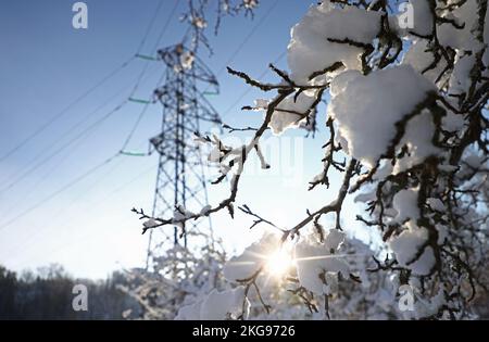 Tempo stagionale, linee elettriche, dopo la forte nevicata di lunedì. Foto Stock