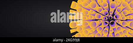 Sfondo astratto panoramico con coloratissima forma 3D. Microbo vettore 3D o virus isolato su sfondo nero. Modello per banner orizzontale moderno Illustrazione Vettoriale
