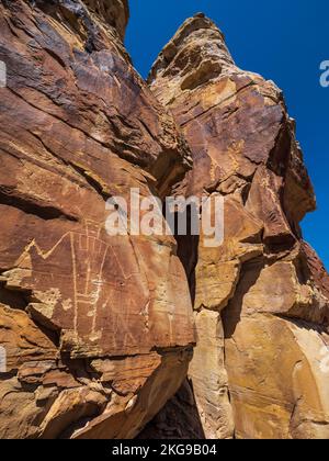 Petroglifi indiani Fremont, McKee Spring, Island Park Road, Dinosaur National Monument, Vernal, Utah. Foto Stock