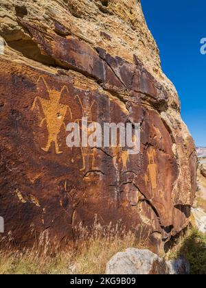 Petroglifi indiani Fremont, McKee Spring, Island Park Road, Dinosaur National Monument, Vernal, Utah. Foto Stock