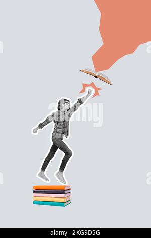 Collage 3D immagine di pinup pop retro schizzo di divertente tipo funky cercando cattura volo libro sfondo isolato pittura Foto Stock