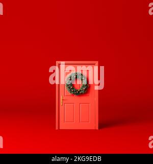 Festa di natale corona di rami di abete su una porta d'ingresso rossa. Rendering 3D Foto Stock
