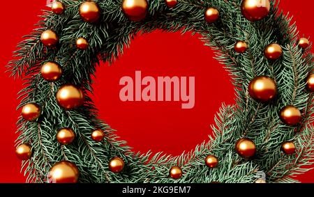 corona natalizia decorativa fatta di rami di abete e baubles d'oro. Rendering 3D Foto Stock