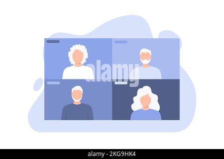 Gruppo di persone anziane che parlano via internet, chat sul web. Riunione online tramite videoconferenza Illustrazione Vettoriale