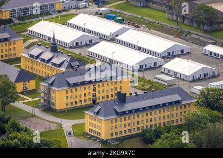 Vista aerea, ex caserma Kanaal van Wessem, complesso abitativo e rifugio per rifugiati, Soest, Soester Boerde, Renania settentrionale-Vestfalia, Germania, DE, Europa Foto Stock