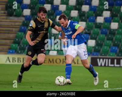 Windsor Park, Belfast, Irlanda del Nord, Regno Unito. 22 Nov 2022. Danske Bank Premiership – Linfield / Larne. Azione dal gioco di stasera al Windsor Park (Linfield in blu). Lee Bonis (a sinistra) e Jamie Mulcrew. Credit: CAZIMB/Alamy Live News. Foto Stock