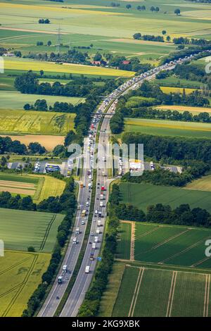 Vista aerea, foto aerea, ingorgo sulla superstrada A44 nella zona di riposo di Ostönner Grund, Röllingsen, Soest, Soester Boerde, Renania settentrionale-Vestfalia, Foto Stock