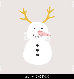 Carta di natale disegnata a mano creativa con pupazzo di neve sorridente divertente con corna. Icona semplice Illustrazione Vettoriale