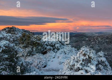 La Garde-Freinet, in inverno, sotto la neve, villaggio francese nel sud della Francia Foto Stock