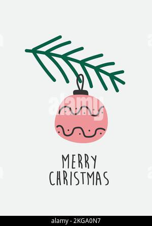 Vettore mano disegnata decorazione giocattolo di Natale sul ramo. Design semplice e moderno, in stile scandinavo. Biglietti di auguri, modelli con testo di buon Natale Illustrazione Vettoriale