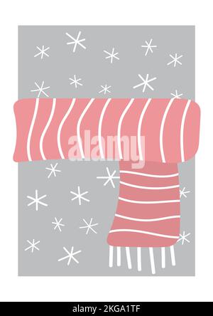 Sciarpa rosa accogliente su un biglietto d'auguri grigio con fiocchi di neve. Design minimalista natalizio, disegno vettoriale a mano per il design e la creatività Illustrazione Vettoriale