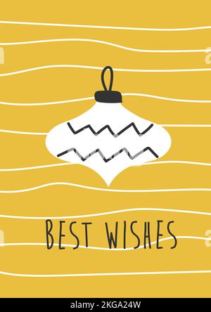 Vettore mano disegnata decorazione giocattolo di Natale. Design semplice e moderno, in stile scandinavo, giallo e nero. Biglietto di auguri, modello con testo dei migliori auguri Illustrazione Vettoriale