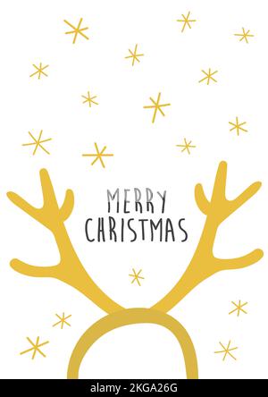 Buon Natale biglietto di auguri design. Corna di corna di renne. Illustrazione dei cartoni animati. Design scandinavo minimalista di colore bianco Illustrazione Vettoriale