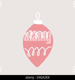 Elemento disegnato a mano Vector, decorazione dell'albero di Natale, giocattolo rosa. Design semplice e moderno, in stile scandinavo. Per biglietti da visita, decorazioni, modelli Illustrazione Vettoriale