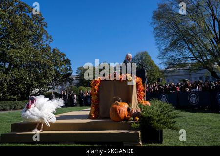 Washington, Stati Uniti. 21st Nov 2022. STATI UNITI Il presidente Joe Biden, esprime le sue osservazioni durante il perdono ufficiale di un paio di tacchini chiamati Chocolate and chip durante il tradizionale perdono tacchino del Ringraziamento sul prato meridionale della Casa Bianca, 21 novembre 2022 a Washington, DC Credit: Adam Schultz/White House Photo/Alamy Live News Foto Stock