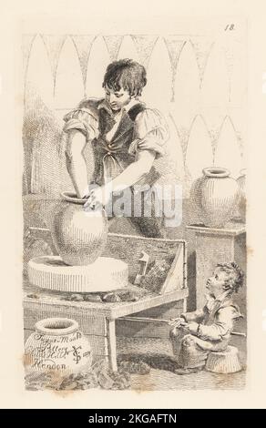 Un vasaio che fa una muffa di zucchero mentre un ragazzo gira la ruota. Gli stampi sono utilizzati dai fornai di zucchero per fare le pagnotte di zucchero. Tratto dalla vita in una ceramica di zucchero-stampo a Child's Hill, Hendon, vicino Hampstead Heath, 1819. Incisione su copperplate disegnata e incisa da John Thomas Smith dalle sue grida di Londra, o Vagabondiana 2, a cura di Francis Douce, John Bowyer Nichols, Londra, 1839. Foto Stock
