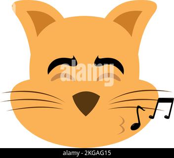 Illustrazione vettoriale del volto di un gatto cartoon che fischia con note musicali sulle labbra Illustrazione Vettoriale