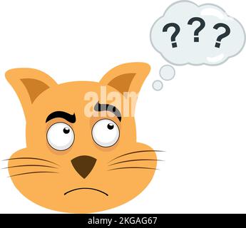 Illustrazione vettoriale del volto di un gatto cartoon con un'espressione pensante o dubbia, con una nuvola di pensiero con punti interrogativi Illustrazione Vettoriale