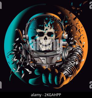 cranio astronauta, spaziale, casco rotto, astrista vintage horror poster perso nello spazio galassia voyager spazio astronauta morto. Casco frammentato Illustrazione Vettoriale