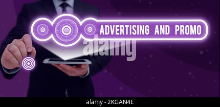 Didascalia di testo che presenta Pubblicità e Promo. Foto concettuale che informa i potenziali clienti sugli sconti speciali Foto Stock