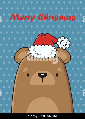 Grazioso orso bruno in un cappello di Babbo Natale. Biglietto di Natale vettoriale. Illustrazione vettoriale. Illustrazione Vettoriale