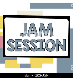 Didascalia testo presentazione Jam Session. Parola scritta su esibizione improvvisata di un gruppo di musicisti Foto Stock