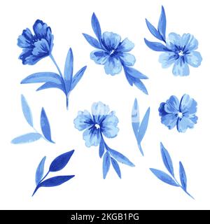 Set di fiori e foglie blu in stile acquerello dipinto a mano. Decorazioni floreali per inviti a matrimoni, biglietti d'auguri. Illustrazione Vettoriale