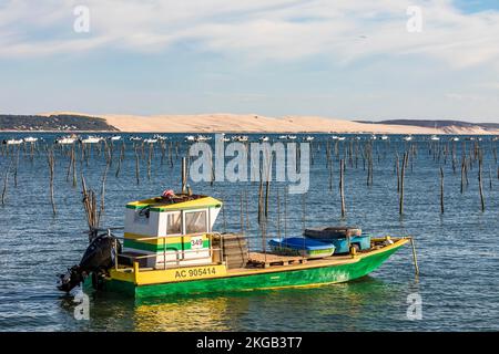 Oyster boat per l'allevamento di ostriche a Cap Ferret, Dune du Pilat, Lège-Cap-Ferret, Baia di Arcachon, Aquitania, New Aquitaine, Francia, Europa Foto Stock