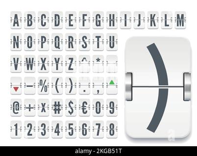 Carattere abc del tabellone di valutazione bianco con i numeri per mostrare i tassi di cambio di borsa o le informazioni di partenza di volo. Illustrazione vettoriale dell'alfabeto della lavagna a fogli mobili meccanica del terminale AirPort su sfondo bianco Illustrazione Vettoriale