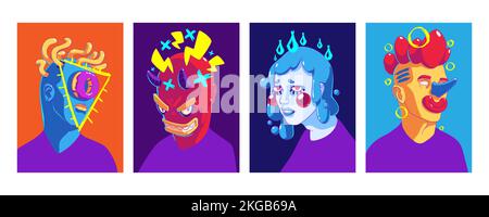 Poster contemporanei con ritratti astratti. Set di opere d'arte creativa con volti divertenti da uomo e donna con forme geometriche e design pazzo, collezione vettoriale Illustrazione Vettoriale