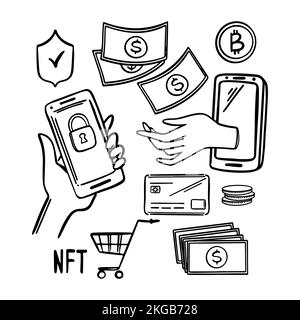 ECOMMERCE Vendita di Arte digitale mercato on-line con non-fungibile Token valuta Blockchain unica tecnologia di rete d'Arte per il commercio virtuale Crypto Store Illustrazione Vettoriale