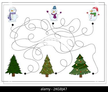 Un gioco di puzzle per i bambini, passare attraverso il labirinto. Cartone animato Snowman Illustrazione Vettoriale