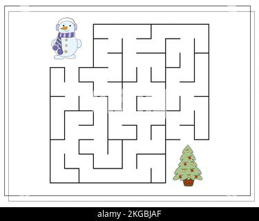 Un gioco di puzzle per i bambini, passare attraverso il labirinto. Cartone animato Snowman Illustrazione Vettoriale
