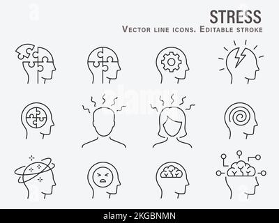 Icone di ansia, come lo stress, la tensione, la preoccupazione, mentale e altro ancora. Tratto modificabile. Illustrazione Vettoriale