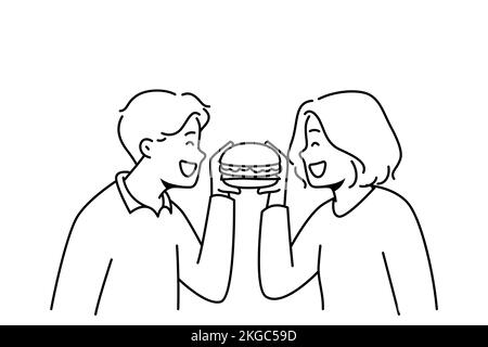 Coppia sorridente che mangia insieme gustosi hamburger. Buon uomo e donna gustano un delizioso hamburger. Fast food e catena di ristoranti. Illustrazione vettoriale. Illustrazione Vettoriale