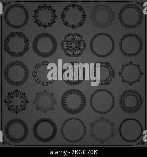Set vintage di elementi rotondi. Elementi diversi per cornici, sfondi e monogrammi di design. Classici motivi scuri. Set di modelli vintage Foto Stock