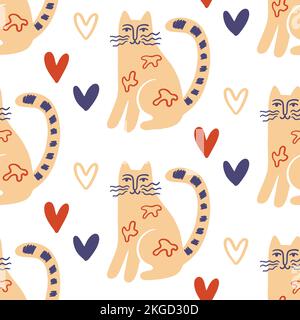 Trendy Folk art gatti senza cuciture modello Illustrazione Vettoriale