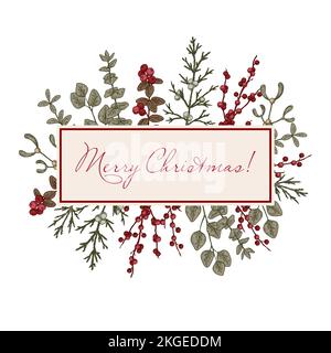 Buon Natale e buon anno etichetta. Illustrazione vettoriale nello stile di schizzo. Cornice in botanica vintage Illustrazione Vettoriale